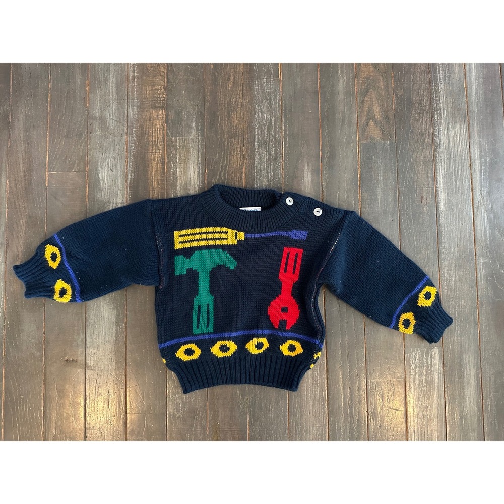Vintage Carters Baby Boys Blue Tool Intarsia Knit Sweater 12 Months